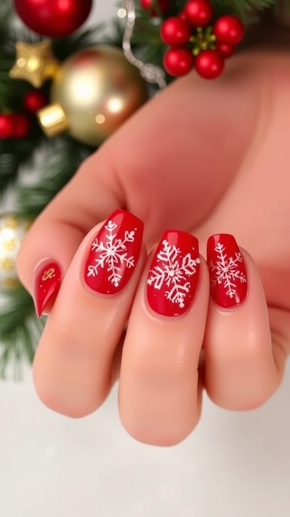 Elegant Ballerina Christmas Nails Elegant ballerina Christmas nails in red with snowflake designs and gold accents.